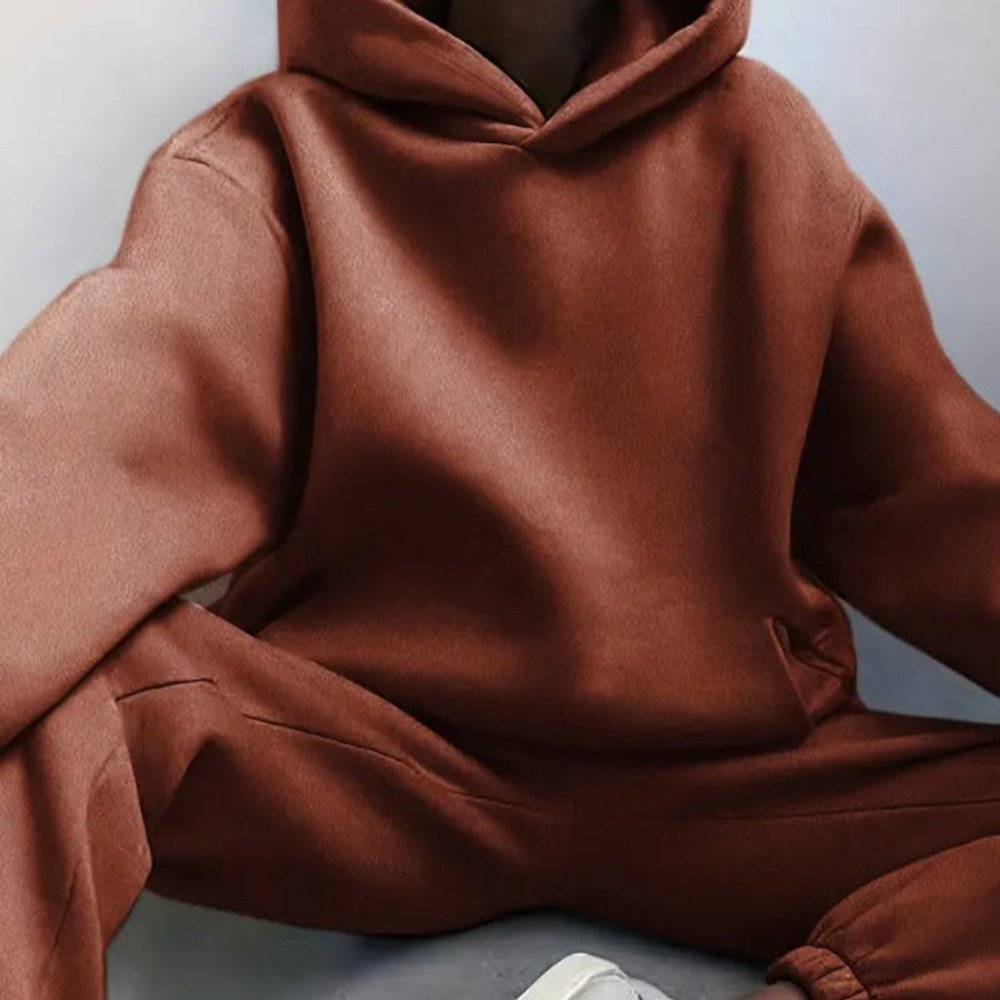 Dark Brown Warm Hoodie Sweatshirts And Long Pant Fleece Two Piece Sets